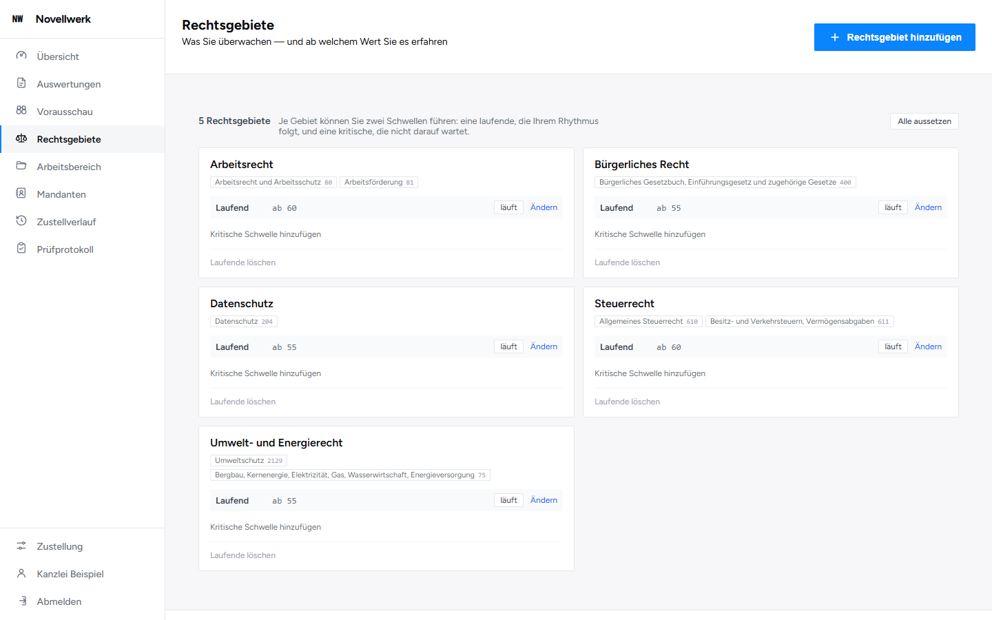 Konfiguration der Benachrichtigungen mit Fachgebietsauswahl